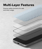 iPhone 18 Pro Screen Protector | Easy Slide AR Tempered Glass - A promotional graphic showing a smartphone with layered transparent protective films applied, labeled 'Multi-Layer Features' with the subtitle 'Diverse safety functions for safe and clean usage.' The image is monochrome and focuses on the layered screen protector concept rather than a clean standalone product shot.