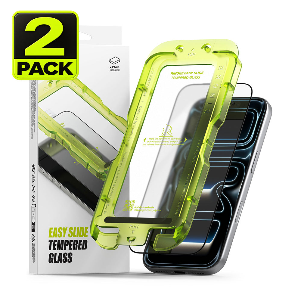 iPhone 18 Pro Screen Protector | Easy Slide Tempered Glass (2 Pack) - A 2-pack of clear tempered glass screen protectors shown with a translucent neon green protective case frame and the retail box on a white background. A large black-and-green '2 PACK' badge appears in the top-left corner.