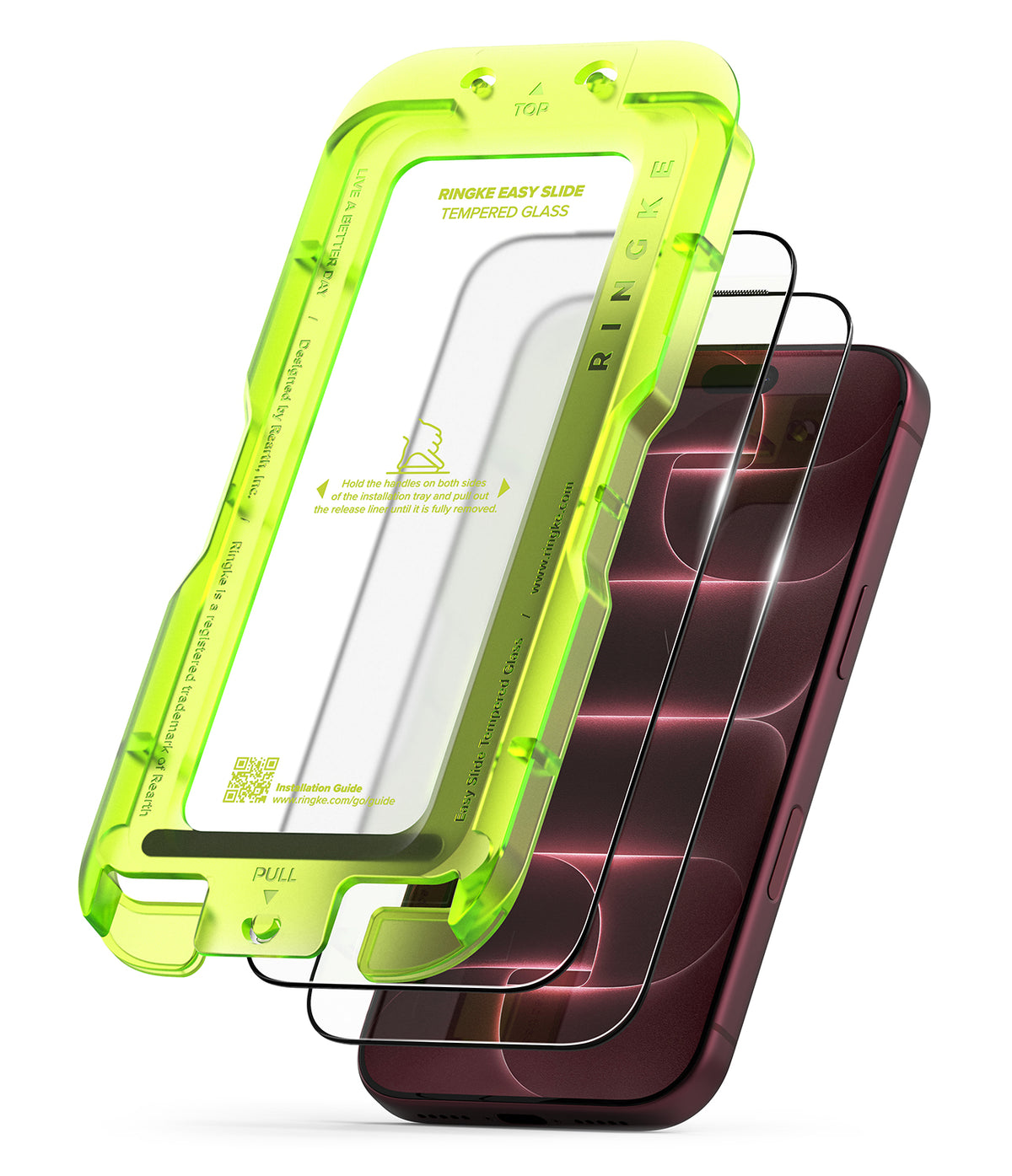 iPhone 18 Pro Screen Protector | Easy Slide Tempered Glass (2 Pack) - A 2-pack of clear tempered glass screen protectors shown with a translucent neon green protective case frame and the retail box on a white background. A large black-and-green '2 PACK' badge appears in the top-left corner.