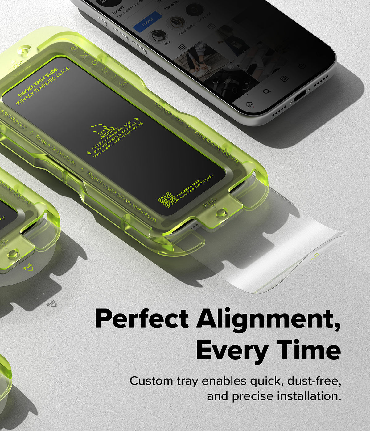 iPhone 18 Pro / Pro Max Privacy Screen & Camera Protectors all-groups - A translucent neon yellow-green protective phone case shown around a smartphone, with additional matching cases partially visible. Large text reads 'Perfect Alignment, Every Time' and smaller text says 'Custom tray enables quick, dust-free, and precise installation.