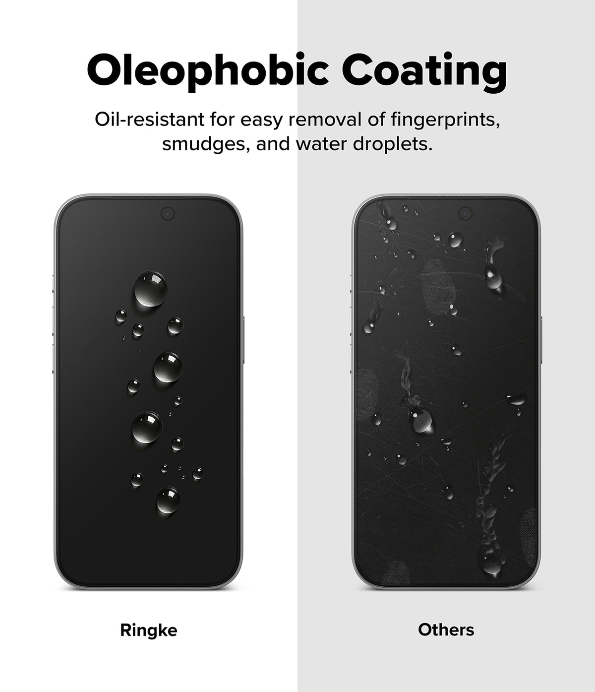 iPhone 18 Pro / Pro Max Privacy Screen & Camera Protectors all-groups - Comparison of Oleophobic coating on Ringke and non-Ringke phone cases with oil droplets.