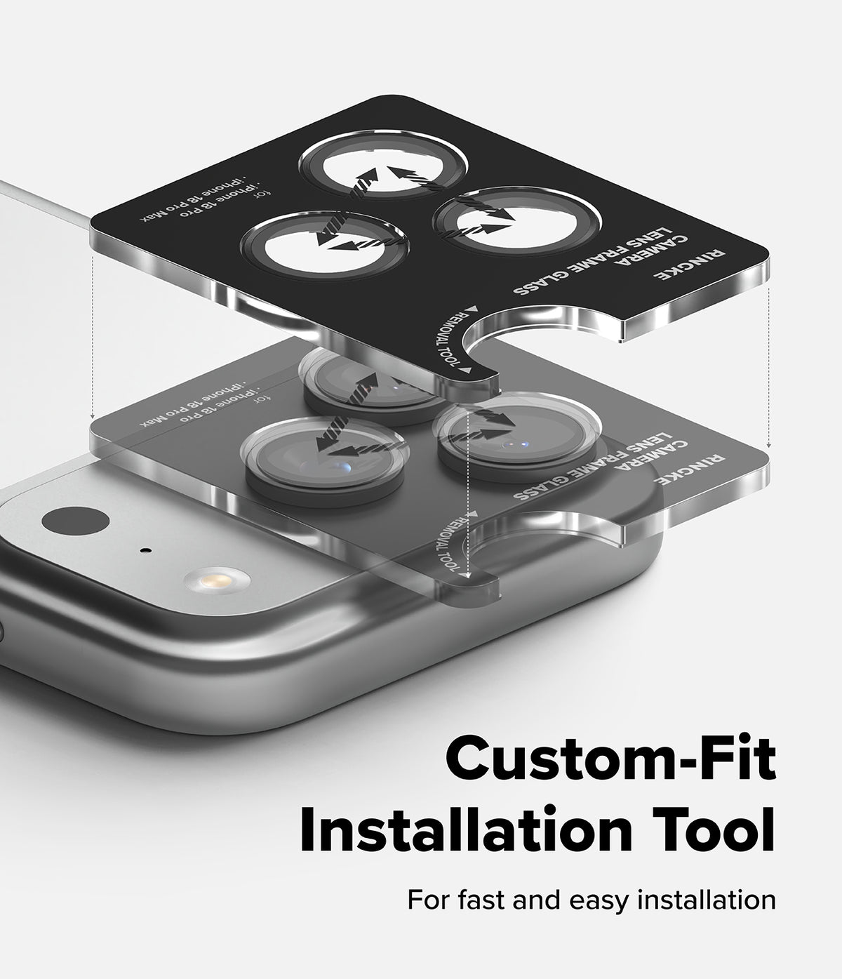 iPhone 18 Pro / Pro Max Privacy Screen & Camera Protectors all-groups - Custom-fit lens guard installation tool shown over a smartphone camera module, with text reading 'Custom-Fit Installation Tool' and 'For fast and easy installation.'.