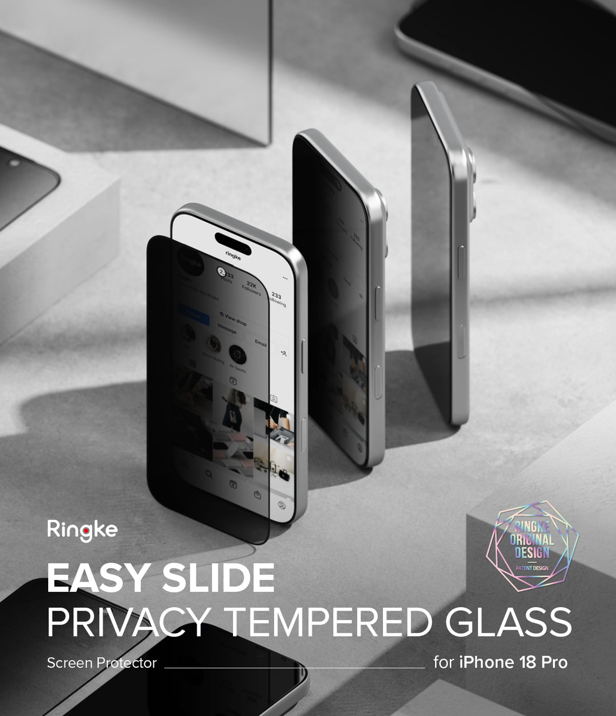 iPhone 18 Pro Screen Protector | Easy Slide Privacy Tempered Glass - Three smartphones are arranged on a light gray surface to demonstrate a clear privacy screen protector. The front phone shows a dark-tinted transparent glass protector applied, while the rear phones show the back side of the device.