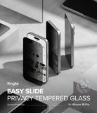iPhone 18 Pro Screen Protector | Easy Slide Privacy Tempered Glass - Three smartphones are arranged on a light gray surface to demonstrate a clear privacy screen protector. The front phone shows a dark-tinted transparent glass protector applied, while the rear phones show the back side of the device.