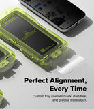 iPhone 18 Pro Screen Protector | Easy Slide Privacy Tempered Glass - A translucent neon yellow-green protective phone case shown around a smartphone, with additional matching cases partially visible. Large text reads 'Perfect Alignment, Every Time' and smaller text says 'Custom tray enables quick, dust-free, and precise installation.