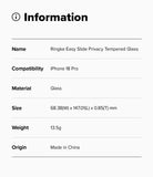 iPhone 18 Pro Screen Protector | Easy Slide Privacy Tempered Glass - Product information card for Ringke Easy Slide Privacy Tempered Glass with specifications.