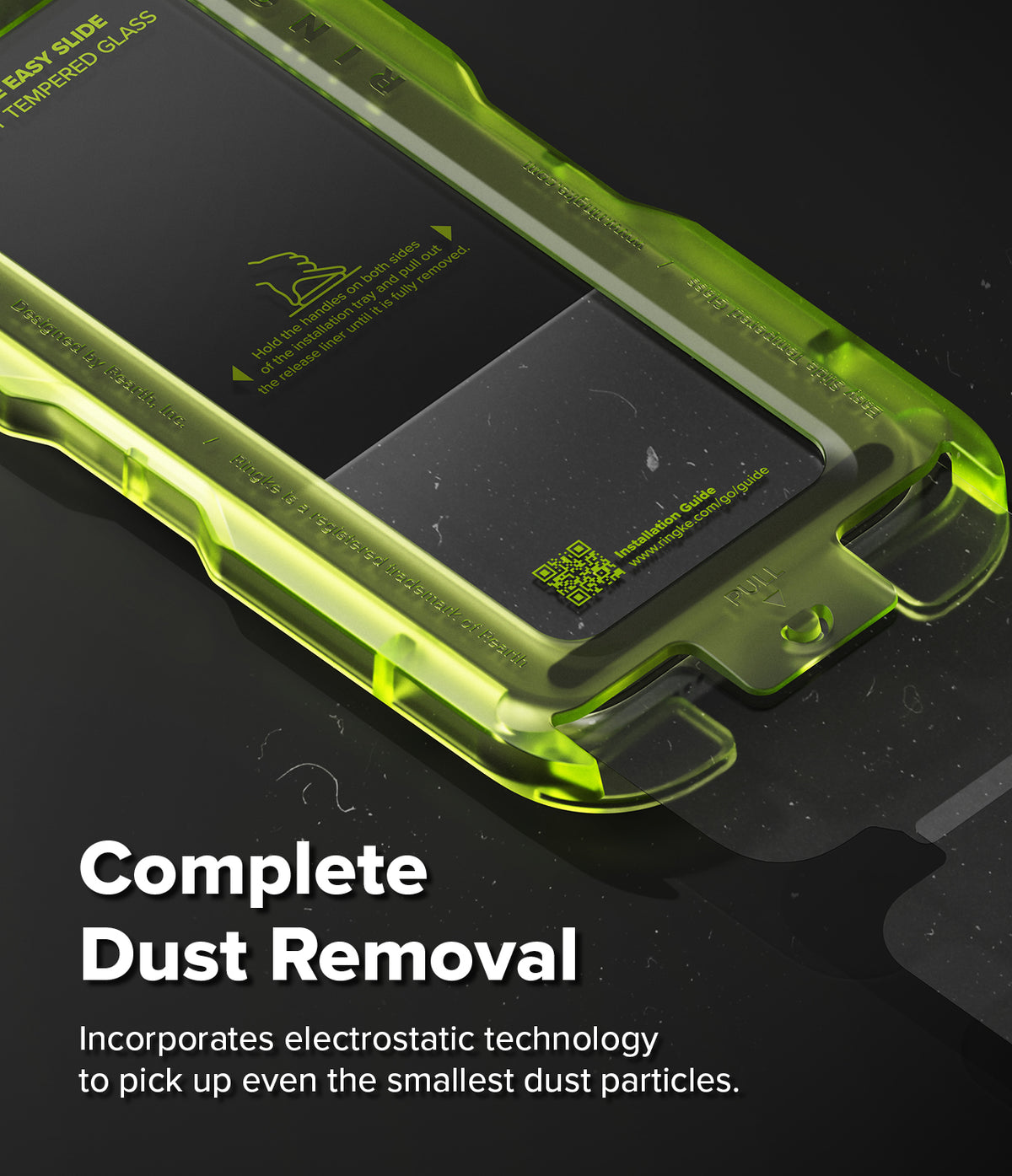 iPhone 18 Pro Screen Protector | Easy Slide Privacy Tempered Glass - Green dust removal tool with text on a black background
