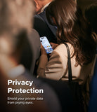 iPhone 18 Pro Screen Protector | Easy Slide Privacy Tempered Glass - A woman in a beige blazer looks down at a smartphone held in her hands while seated in a crowded indoor setting. Large overlaid text reads 'Privacy Protection' with the subtitle 'Shield your private data from prying eyes.