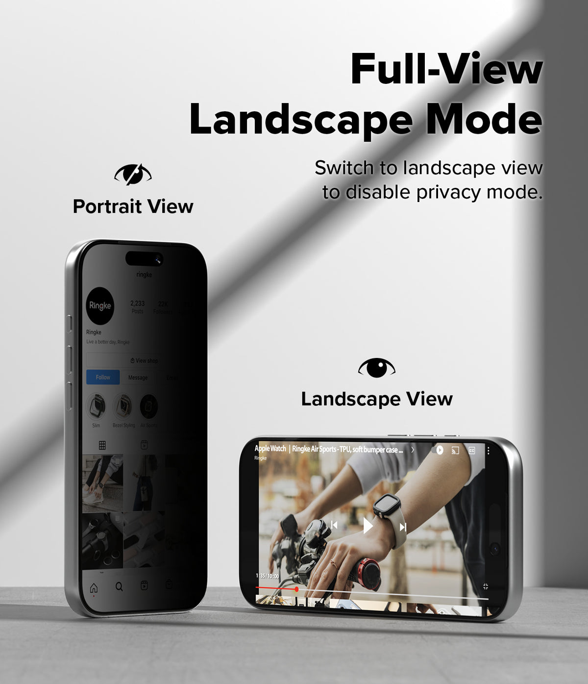 iPhone 18 Pro Screen Protector | Easy Slide Privacy Tempered Glass - Two smartphones shown on a light gray surface with promotional text reading 'Full-View Landscape Mode,' 'Portrait View,' and 'Landscape View.' The left phone is upright in portrait mode, and the right phone is lying down in landscape mode, demonstrating screen orientation.