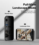 iPhone 18 Pro Screen Protector | Easy Slide Privacy Tempered Glass - Two smartphones shown on a light gray surface with promotional text reading 'Full-View Landscape Mode,' 'Portrait View,' and 'Landscape View.' The left phone is upright in portrait mode, and the right phone is lying down in landscape mode, demonstrating screen orientation.