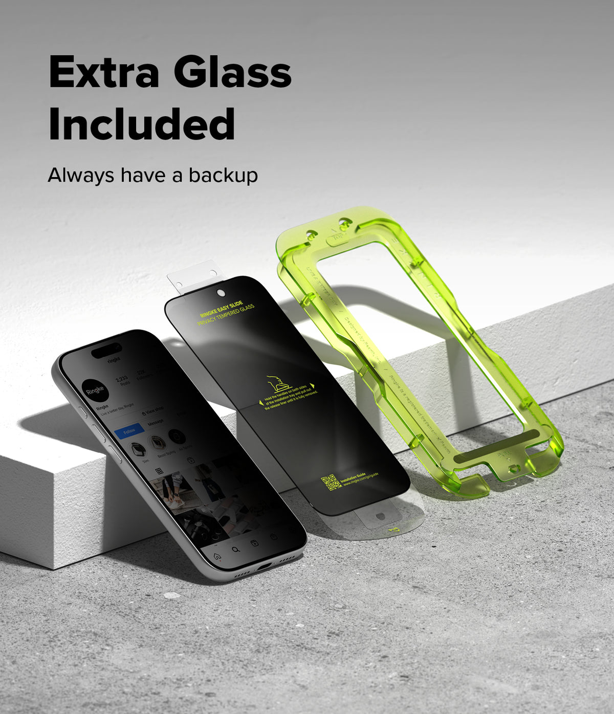 iPhone 18 Pro Screen Protector | Easy Slide Privacy Tempered Glass - Two smartphone screen protector templates and one translucent lime-green extra glass frame are displayed on a light gray surface with text reading 'Extra Glass Included' and 'Always have a backup.'.