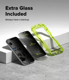 iPhone 18 Pro Screen Protector | Easy Slide Privacy Tempered Glass - Two smartphone screen protector templates and one translucent lime-green extra glass frame are displayed on a light gray surface with text reading 'Extra Glass Included' and 'Always have a backup.'.