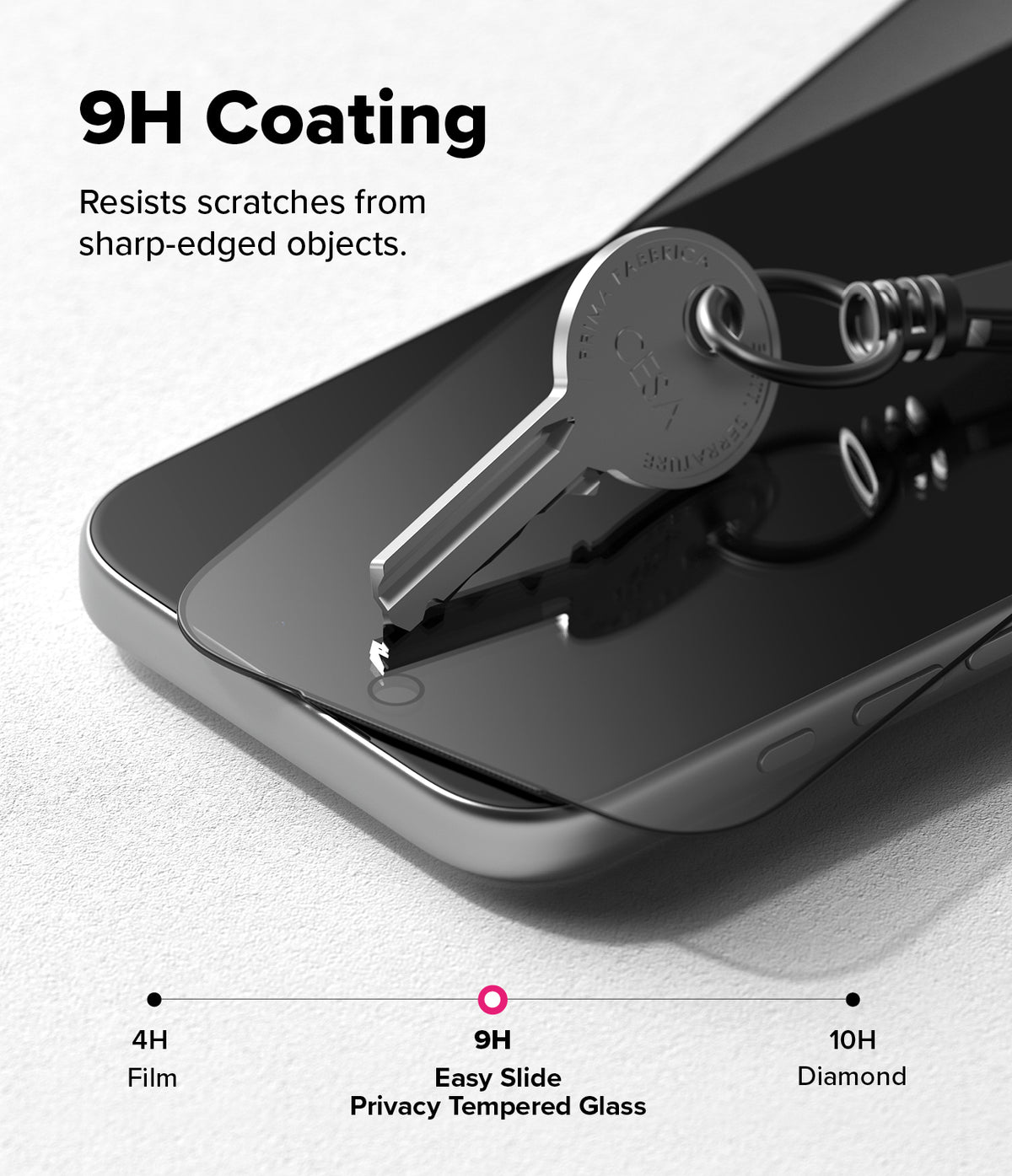 iPhone 18 Pro Screen Protector | Easy Slide Privacy Tempered Glass - Smartphone with a screen protector labeled '9H Coating' and resistance to scratches.
