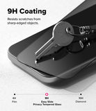 iPhone 18 Pro Screen Protector | Easy Slide Privacy Tempered Glass - Smartphone with a screen protector labeled '9H Coating' and resistance to scratches.