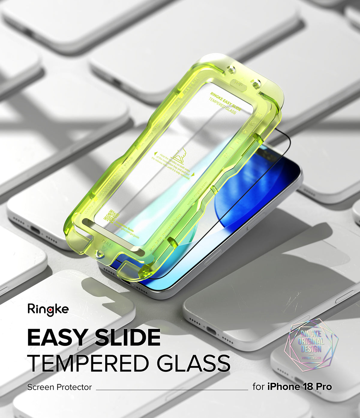 iPhone 18 Pro Screen Protector | Easy Slide Tempered Glass (2 Pack) - Ringke Easy Slide tempered glass screen protector for iPhone 17 Pro on a keyboard background