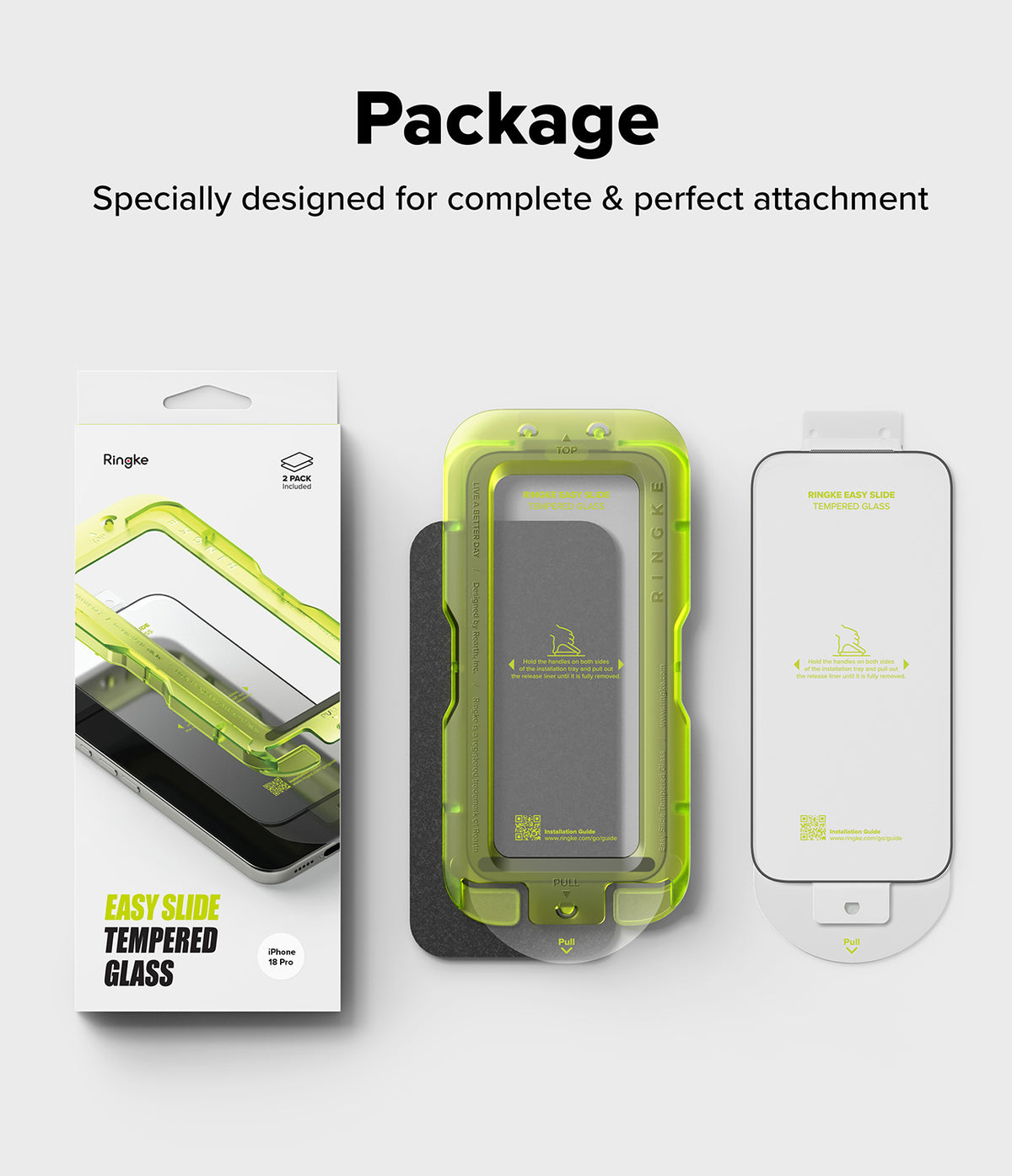 iPhone 18 Pro Screen Protector | Easy Slide Tempered Glass (2 Pack) - Phone screen protector packaging with accessories on a white background