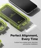 iPhone 18 Pro Screen Protector | Easy Slide Tempered Glass (2 Pack) - Clear phone case with green accents on a light gray background, featuring text about alignment and installation.