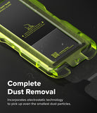 iPhone 18 Pro Screen Protector | Easy Slide Tempered Glass (2 Pack) - Green phone case with dust removal feature on a black background