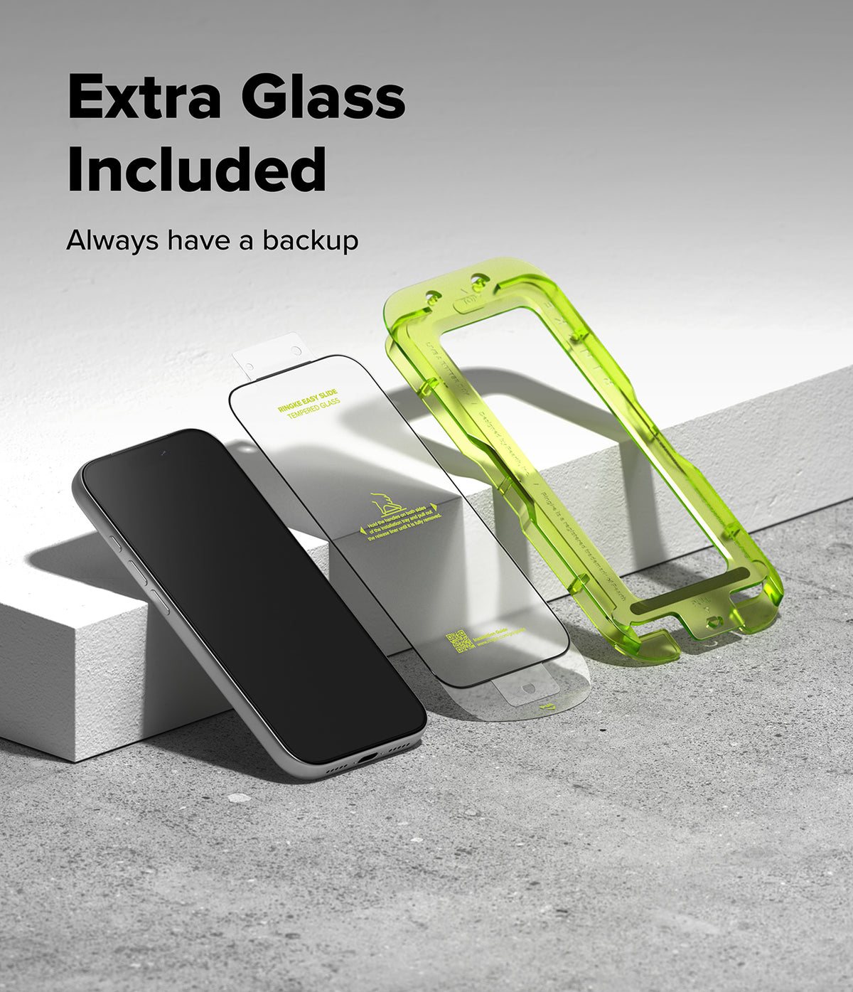 iPhone 18 Pro Screen Protector | Easy Slide Tempered Glass (2 Pack) - A smartphone shown with two screen protector films: one clear film and one bright translucent lime-green protective case or film. Large text at the top reads 'Extra Glass Included' and 'Always have a backup' on a clean gray studio background.