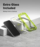 iPhone 18 Pro Screen Protector | Easy Slide Tempered Glass (2 Pack) - A smartphone shown with two screen protector films: one clear film and one bright translucent lime-green protective case or film. Large text at the top reads 'Extra Glass Included' and 'Always have a backup' on a clean gray studio background.