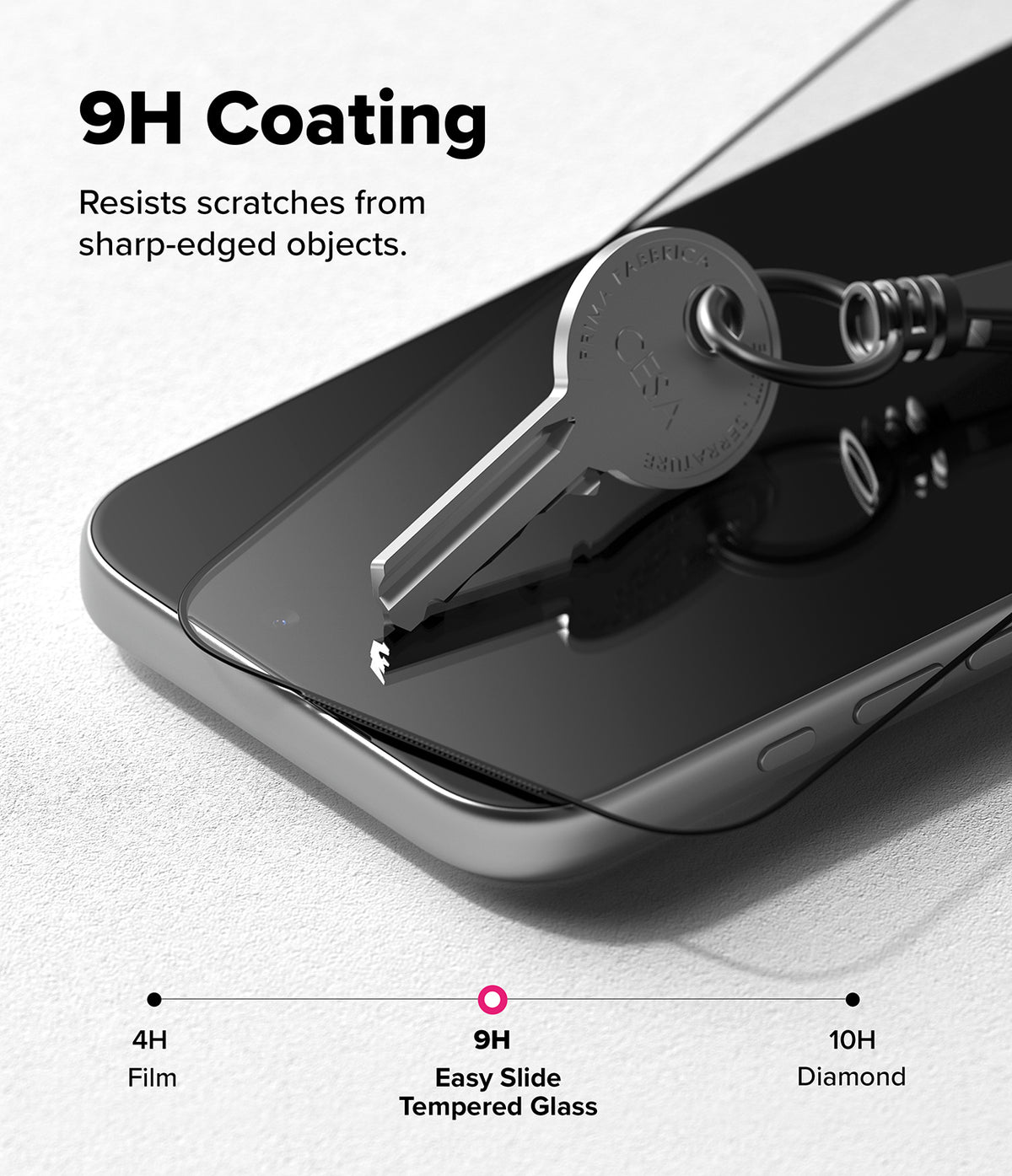 iPhone 18 Pro Screen Protector | Easy Slide Tempered Glass (2 Pack) - Smartphone with tempered glass screen protector and keychain, highlighting 9H coating resistance to scratches.