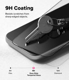iPhone 18 Pro Screen Protector | Easy Slide Tempered Glass (2 Pack) - Smartphone with tempered glass screen protector and keychain, highlighting 9H coating resistance to scratches.