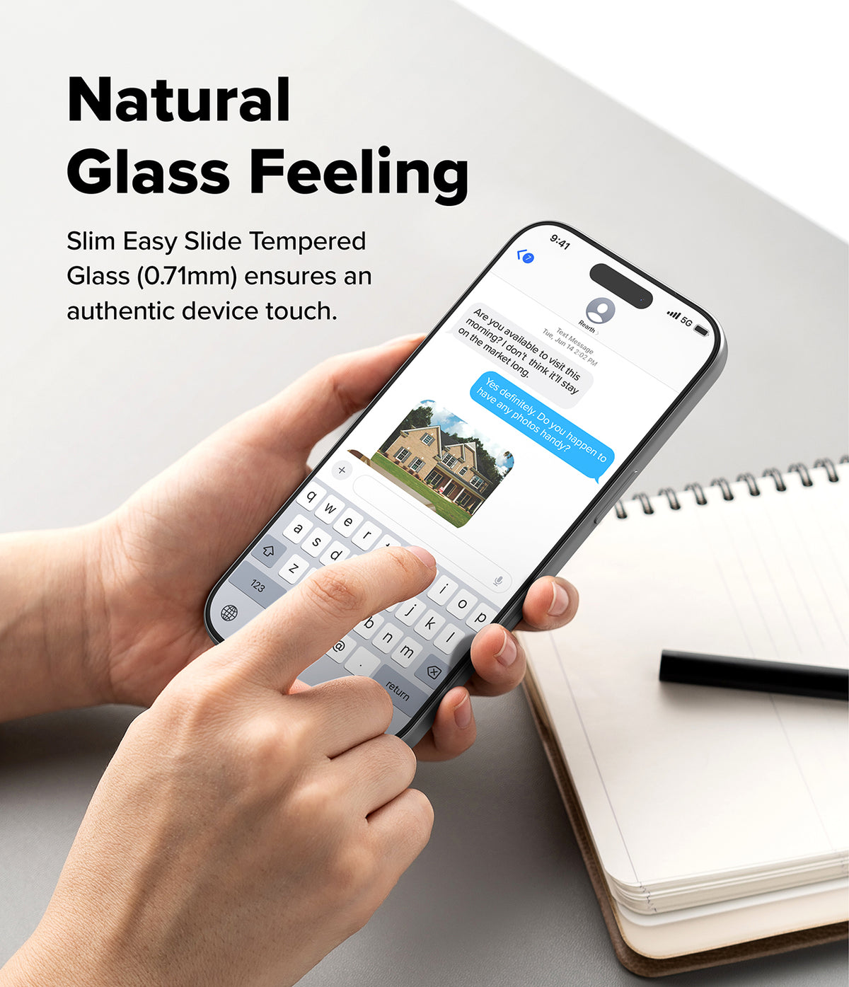 iPhone 18 Pro Screen Protector | Easy Slide Tempered Glass (2 Pack) - Person holding a smartphone with a clear screen protector, text 'Natural Glass Feeling' above.