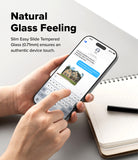 iPhone 18 Pro Screen Protector | Easy Slide Tempered Glass (2 Pack) - Person holding a smartphone with a clear screen protector, text 'Natural Glass Feeling' above.
