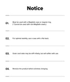 iPhone 18 Pro MagSafe Wallet | Folio Grip Wallet Magnetic - A black-and-white notice sheet with the heading 'Notice' and four numbered instructions about MagSafe compatibility and usage.