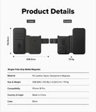 iPhone 18 Pro MagSafe Wallet | Folio Grip Wallet Magnetic - Product details of a black phone case with dimensions and material information on a white background.