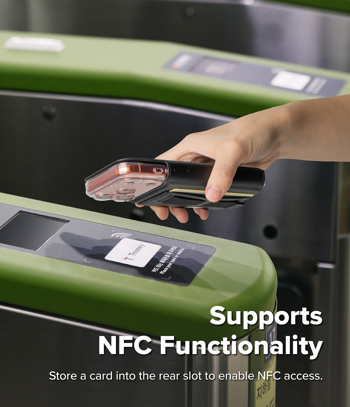 iPhone 18 Pro MagSafe Wallet | Folio Grip Wallet Magnetic - A hand holding a smartphone with an NFC chip scans a card near a green and black turnstile. Text on the image reads 'Supports NFC Functionality' and 'Store a card into the rear slot to enable NFC access.