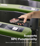 iPhone 18 Pro MagSafe Wallet | Folio Grip Wallet Magnetic - A hand holding a smartphone with an NFC chip scans a card near a green and black turnstile. Text on the image reads 'Supports NFC Functionality' and 'Store a card into the rear slot to enable NFC access.