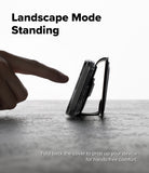 iPhone 18 Pro MagSafe Wallet | Folio Grip Wallet Magnetic - A smartphone shown standing upright on its kickstand with a hand pointing toward it. Large text reads 'Landscape Mode Standing' and smaller text says 'Fold back the cover to prop up your device for hands-free comfort.