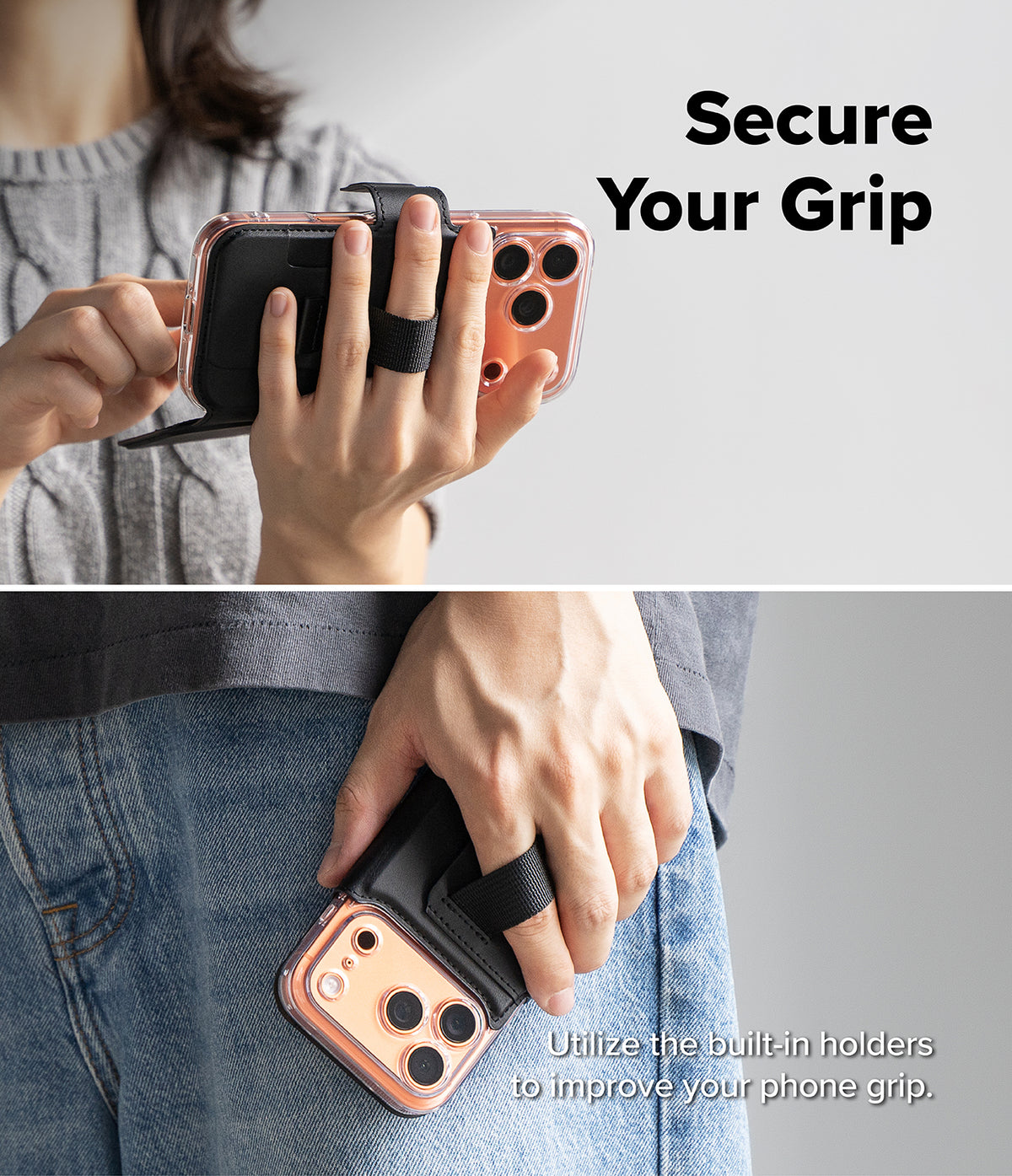 iPhone 18 Pro MagSafe Wallet | Folio Grip Wallet Magnetic - Two-panel lifestyle image showing a phone grip accessory being used on a smartphone. The top panel shows a person holding a phone with the black grip strap extended, and the bottom panel shows the same grip attached to a phone tucked into a pocket.