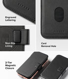 iPhone 18 Pro MagSafe Wallet | Folio Grip Wallet Magnetic - Black faux leather phone wallet case shown in a multi-panel feature graphic with text labels including 'Engraved Lettering,' 'Non-Slip Lining,' 'Card Removal Hole,' and '2-Tier Magnetic Closure.' The collage includes close-up detail shots and two angled views of the case on a light gray background.