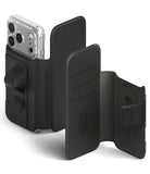 iPhone 18 Pro MagSafe Wallet | Folio Grip Wallet Magnetic - Black phone armband with phone case attachment on a white background