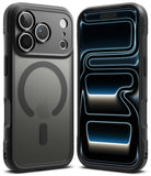 iPhone 18 Pro Case | Fusion Bold Magnetic Matte - Two views of a black protective phone case on an iPhone: the back view showing a MagSafe-compatible circular magnetic ring and camera cutouts, and the front view showing a glossy black screen with blue and white light streak graphics.
