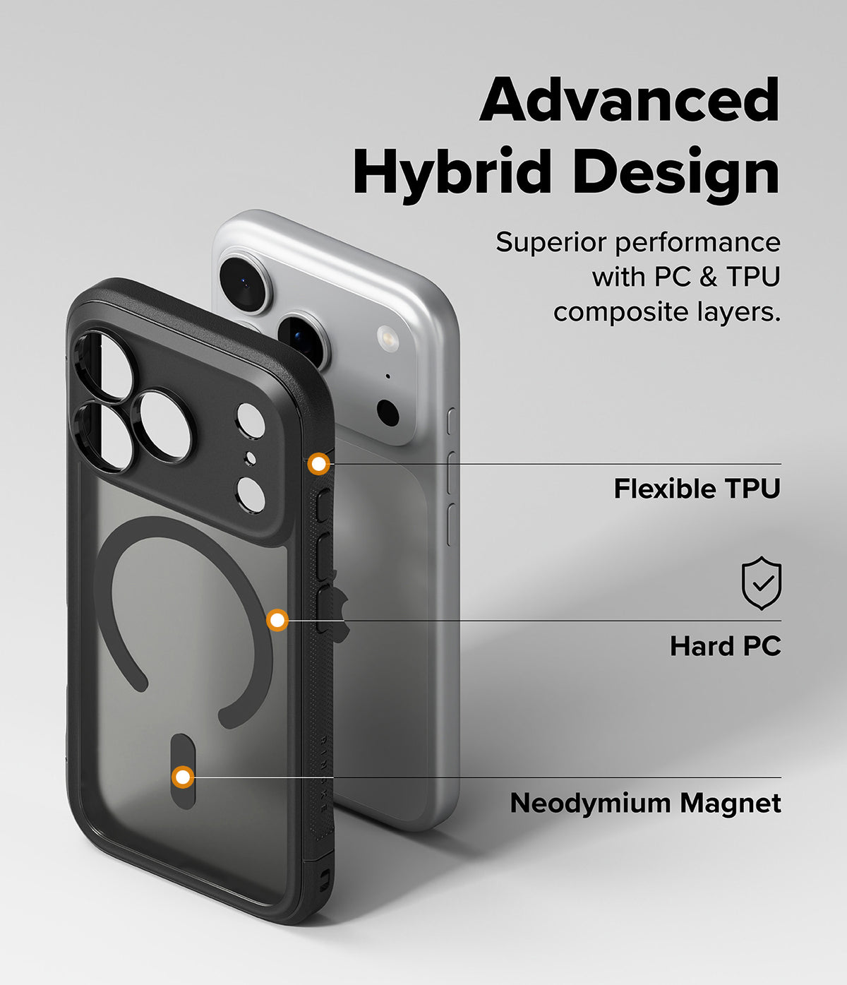 iPhone 18 Pro Case | Fusion Bold Magnetic Matte - A phone case shown on a light gray background with explanatory text and callouts for its features: Advanced Hybrid Design, Flexible TPU, Hard PC, and Neodymium Magnet. The case is transparent dark gray/black with a circular magnetic ring, shown alongside a silver phone for scale.