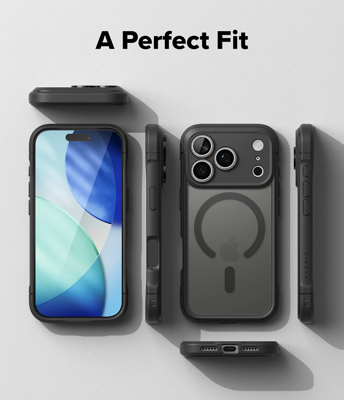 iPhone 18 Pro Case | Fusion Bold Magnetic Matte - A dark gray protective phone case shown from multiple angles on a light gray background, with the text 'A Perfect Fit' at the top. The case is displayed on a smartphone to demonstrate compatibility.