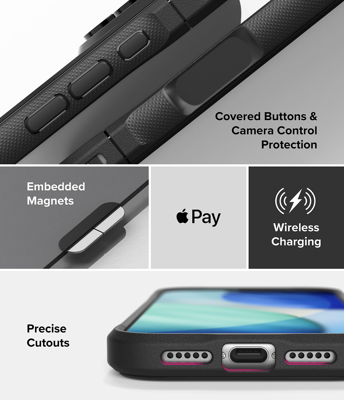 iPhone 18 Pro Case | Fusion Bold Magnetic Matte - A black protective phone case shown in a multi-panel infographic highlighting features: covered buttons and camera control protection, embedded magnets, wireless charging compatibility, and precise cutouts. The Apple Pay logo is visible, indicating compatibility rather than the product brand.