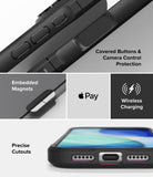 iPhone 18 Pro Case | Fusion Bold Magnetic Matte - A black protective phone case shown in a multi-panel infographic highlighting features: covered buttons and camera control protection, embedded magnets, wireless charging compatibility, and precise cutouts. The Apple Pay logo is visible, indicating compatibility rather than the product brand.