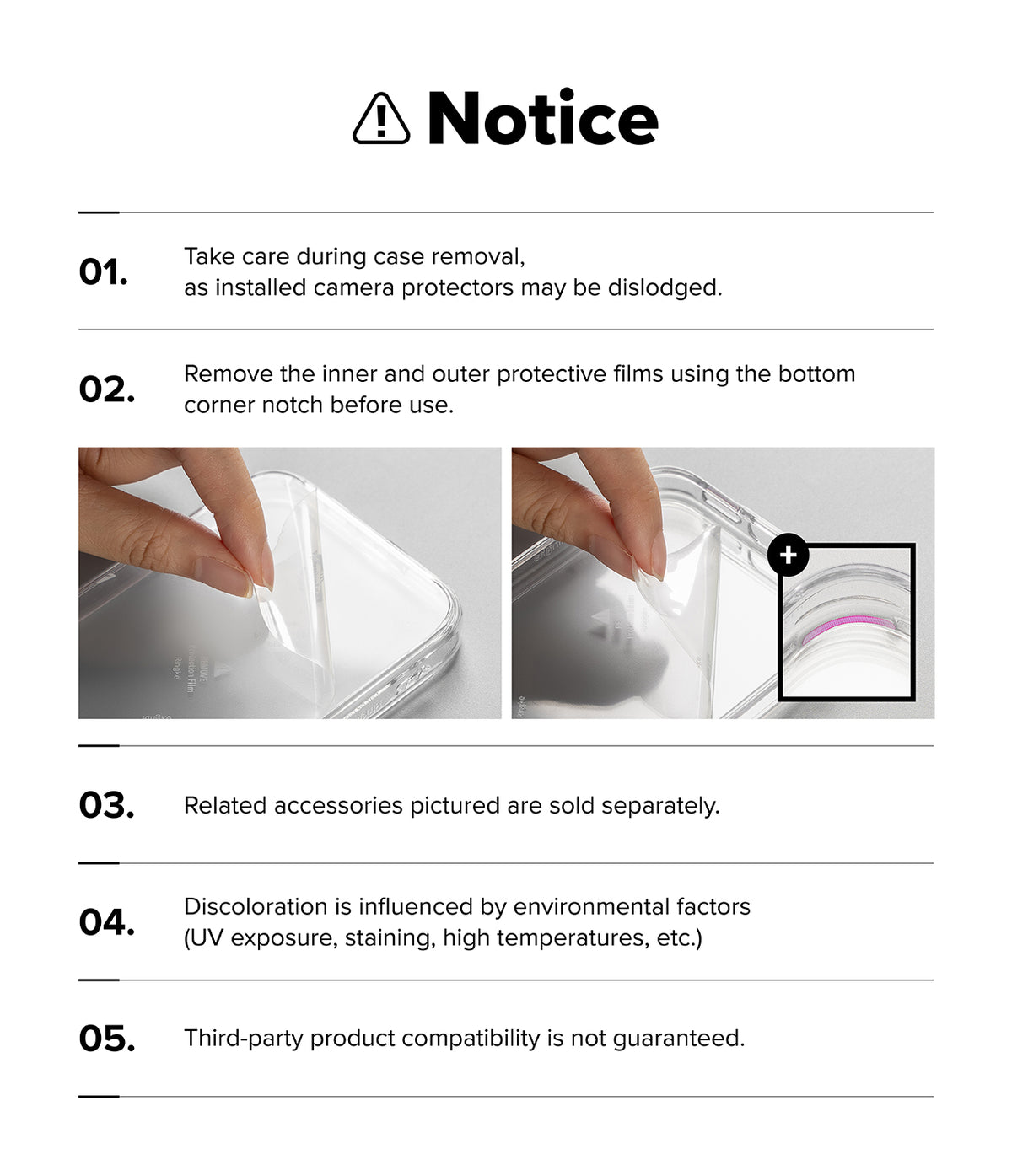 iPhone 18 Pro Case | Fusion Bold Magnetic Matte - A product notice sheet with five numbered cautionary points and two small inset photos demonstrating case removal and protective film removal. The header reads 'Notice' with a warning icon.