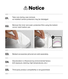 iPhone 18 Pro Case | Fusion Bold Magnetic Matte - A product notice sheet with five numbered cautionary points and two small inset photos demonstrating case removal and protective film removal. The header reads 'Notice' with a warning icon.