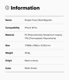 iPhone 18 Pro Case | Fusion Bold Magnetic Matte - Product information card for Ringke FusionX Magnetic case with specifications.
