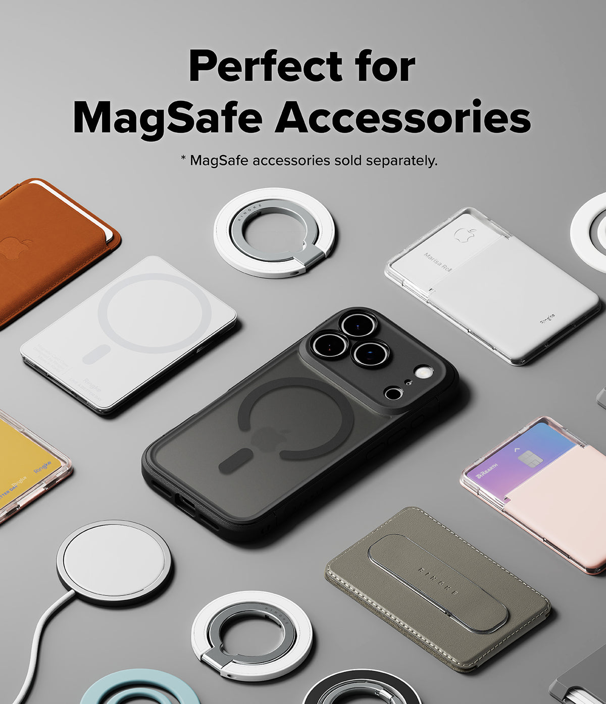 iPhone 18 Pro Case | Fusion Bold Magnetic Matte - Collection of MagSafe accessories on a gray background with text indicating they are perfect for MagSafe accessories.