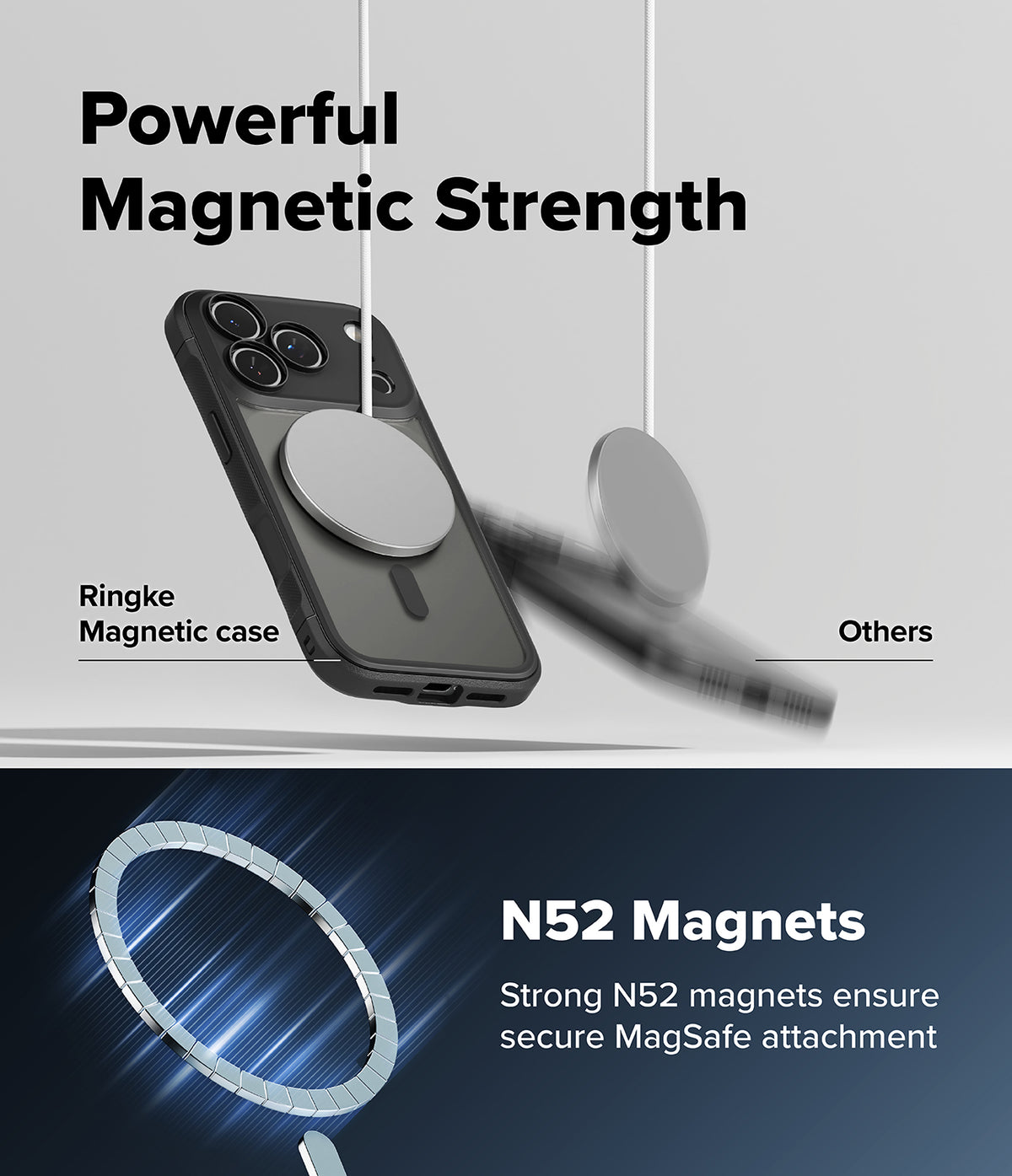 iPhone 18 Pro Case | Fusion Bold Magnetic Matte - Promotional graphic for a magnetic phone case, showing a black Ringke magnetic case with a silver MagSafe ring and a blurred 'Others' case. Text highlights 'Powerful Magnetic Strength' and 'N52 Magnets' with a blue glowing MagSafe ring illustration.