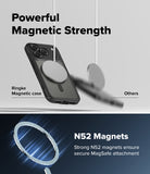 iPhone 18 Pro Case | Fusion Bold Magnetic Matte - Promotional graphic for a magnetic phone case, showing a black Ringke magnetic case with a silver MagSafe ring and a blurred 'Others' case. Text highlights 'Powerful Magnetic Strength' and 'N52 Magnets' with a blue glowing MagSafe ring illustration.