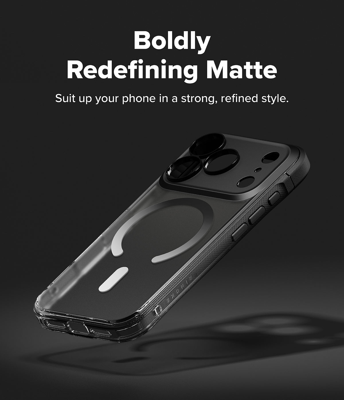 iPhone 18 Pro Case | Fusion Bold Magnetic Matte - A clear matte phone case with a black bumper and MagSafe ring, shown floating on a dark background with promotional text.