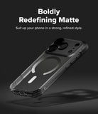 iPhone 18 Pro Case | Fusion Bold Magnetic Matte - A clear matte phone case with a black bumper and MagSafe ring, shown floating on a dark background with promotional text.