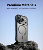 iPhone 18 Pro Case | Fusion Bold Magnetic Matte - A black protective phone case with a clear MagSafe-compatible back panel, shown standing on dark rocks against a light blue sky. Text at the top reads 'Premium Materials' and 'Made of solid black TPU and clear polycarbonate.